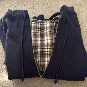 Brandy Melville Navy Hoodie with Brown Plaid Lining